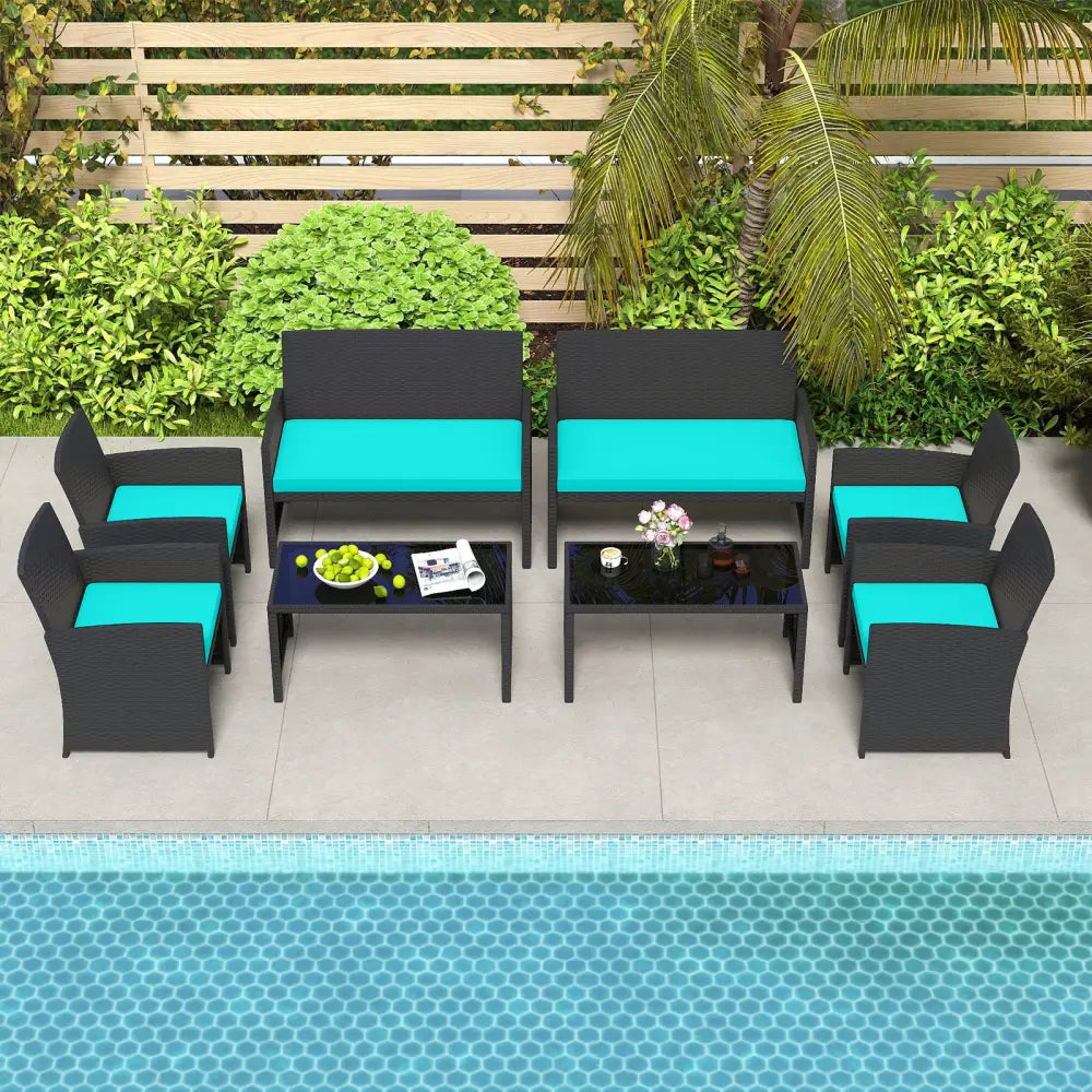 4 Pieces Patio Furniture Set with Tempered Glass Tabletop and Removable Cushion-Turquoise - Turquoise - Patio