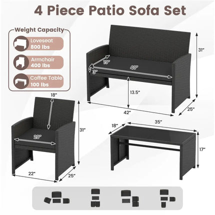 4 Pieces Patio Furniture Set with Tempered Glass Tabletop and Removable Cushion-Black - Black - Patio Conversation Sets