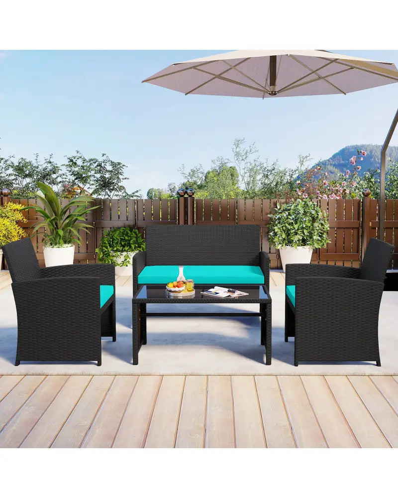 4 Pieces Patio Furniture Set with Tempered Glass Tabletop and Removable Cushion-Turquoise - Turquoise - Patio
