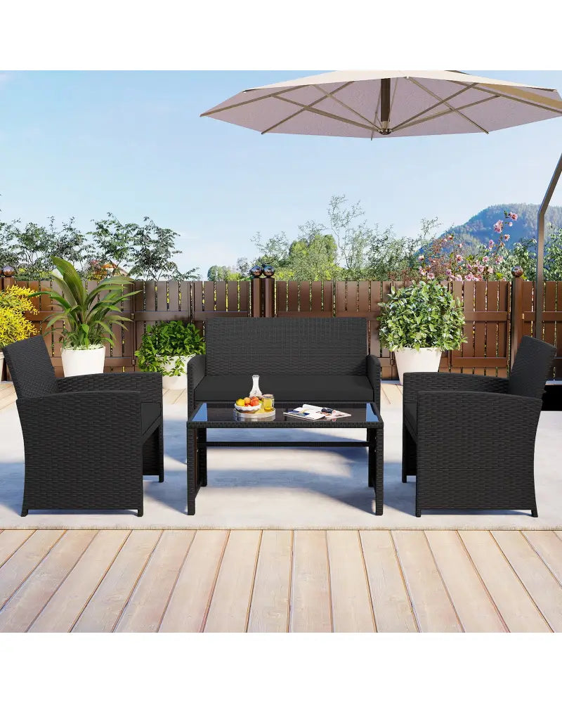 4 Pieces Patio Furniture Set with Tempered Glass Tabletop and Removable Cushion-Black - Black - Patio Conversation Sets