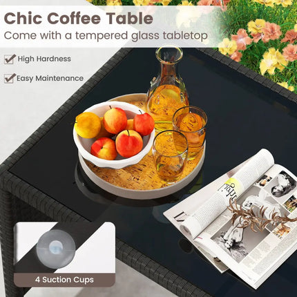 4 Pieces Patio Furniture Set with Tempered Glass Tabletop and Removable Cushion-Black - Black - Patio Conversation Sets