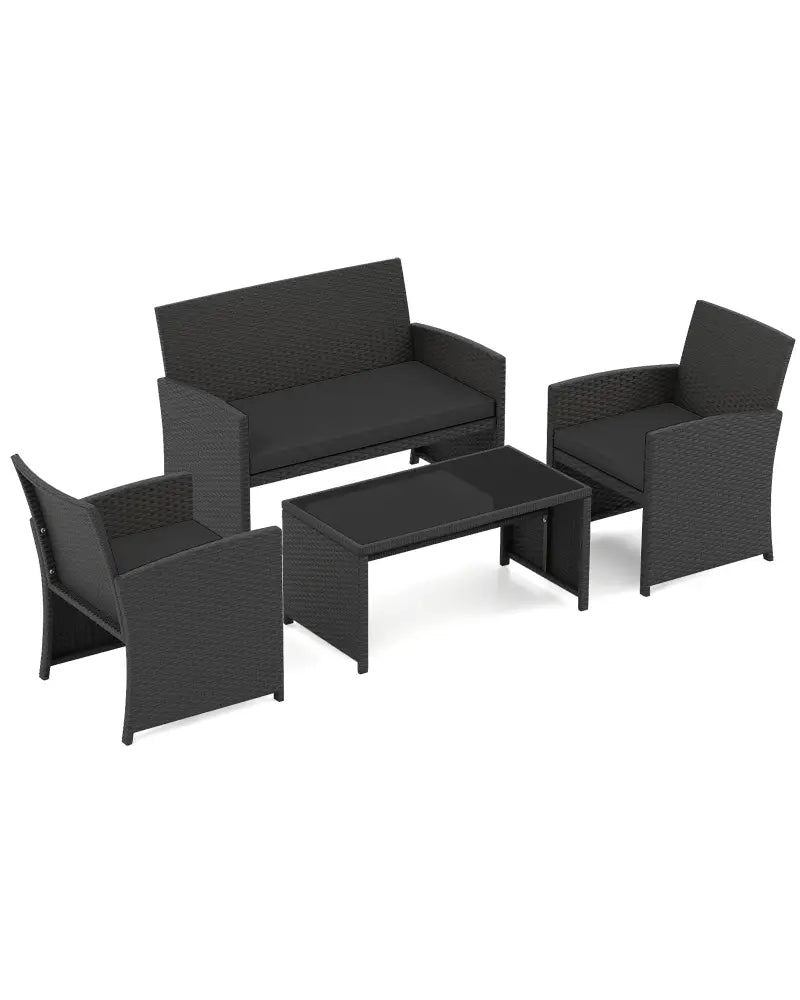 4 Pieces Patio Furniture Set with Tempered Glass Tabletop and Removable Cushion-Black - Black - Patio Conversation Sets
