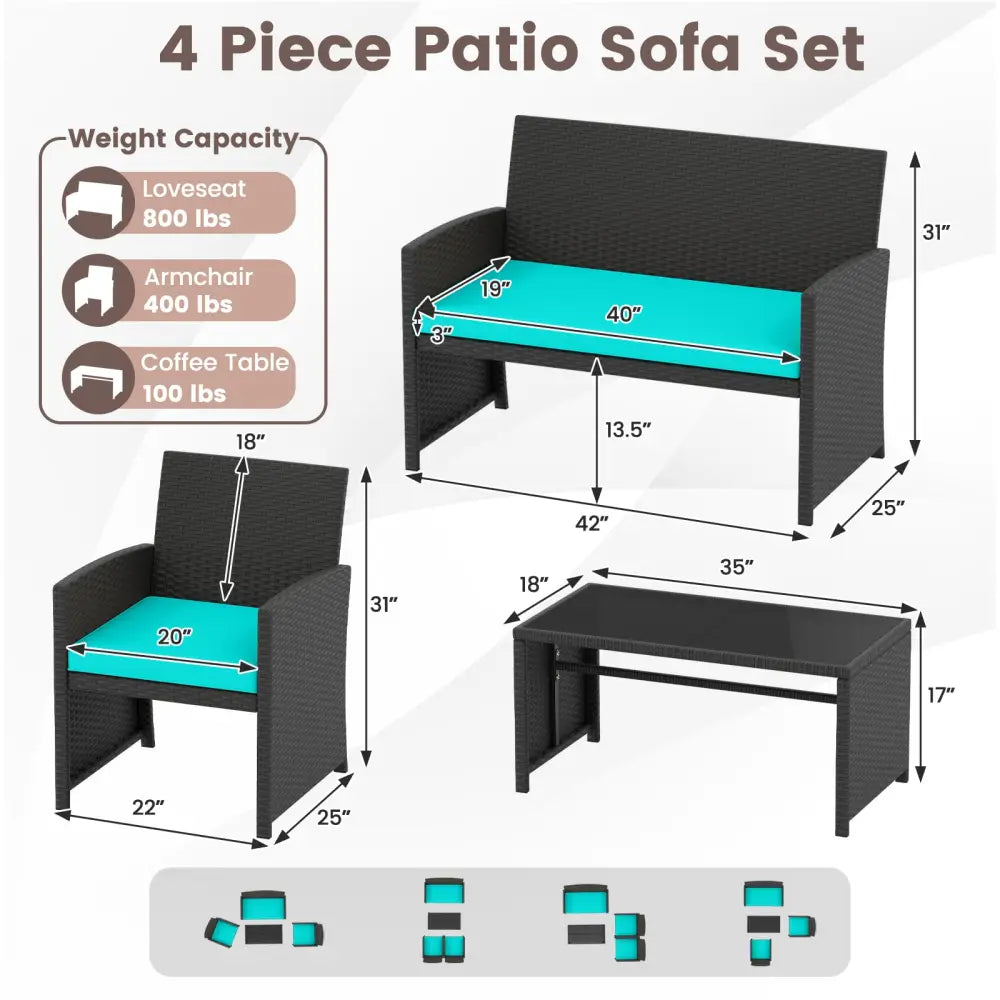 4 Pieces Patio Furniture Set with Tempered Glass Tabletop and Removable Cushion-Turquoise - Turquoise - Patio