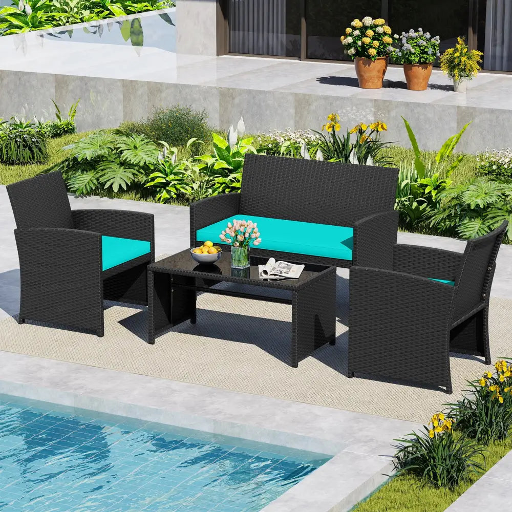 4 Pieces Patio Furniture Set with Tempered Glass Tabletop and Removable Cushion-Turquoise - Turquoise - Patio