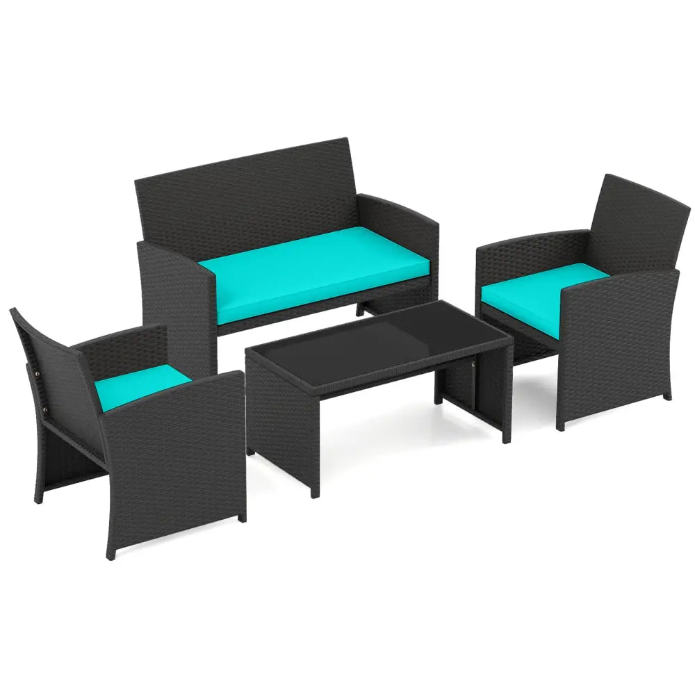 4 Pieces Patio Furniture Set with Tempered Glass Tabletop and Removable Cushion-Turquoise - Turquoise - Patio