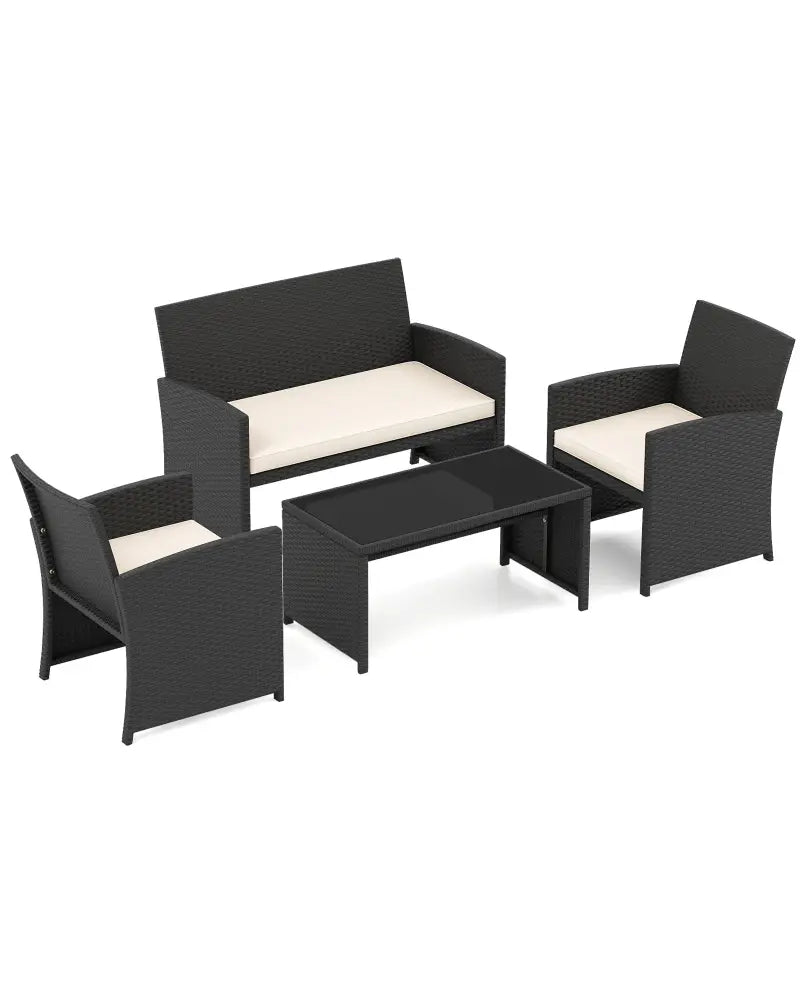 4 Pieces Patio Furniture Set with Tempered Glass Tabletop and Removable Cushion-White - White - Patio Conversation Sets