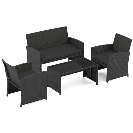 4 Pieces Patio Furniture Set with Tempered Glass Tabletop and Removable Cushion-Black - Black - Patio Conversation Sets