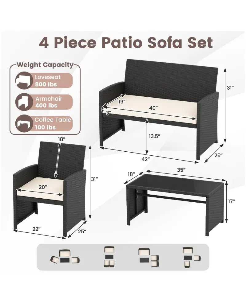 4 Pieces Patio Furniture Set with Tempered Glass Tabletop and Removable Cushion-White - White - Patio Conversation Sets