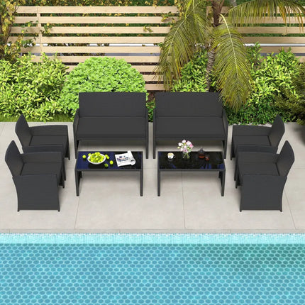 4 Pieces Patio Furniture Set with Tempered Glass Tabletop and Removable Cushion-Black - Black - Patio Conversation Sets