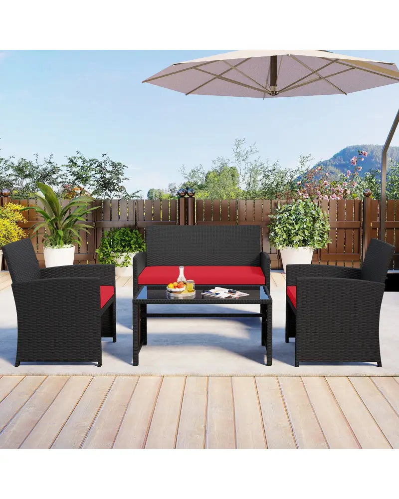 4 Pieces Patio Furniture Set with Tempered Glass Tabletop and Removable Cushion-Red - Red - Patio Conversation Sets