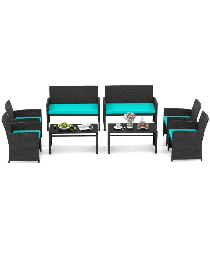 4 Pieces Patio Furniture Set with Tempered Glass Tabletop and Removable Cushion-Turquoise - Turquoise - Patio