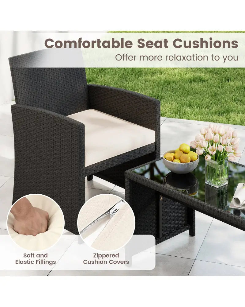 4 Pieces Patio Furniture Set with Tempered Glass Tabletop and Removable Cushion-White - White - Patio Conversation Sets