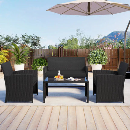 4 Pieces Patio Furniture Set with Tempered Glass Tabletop and Removable Cushion-Black - Black - Patio Conversation Sets
