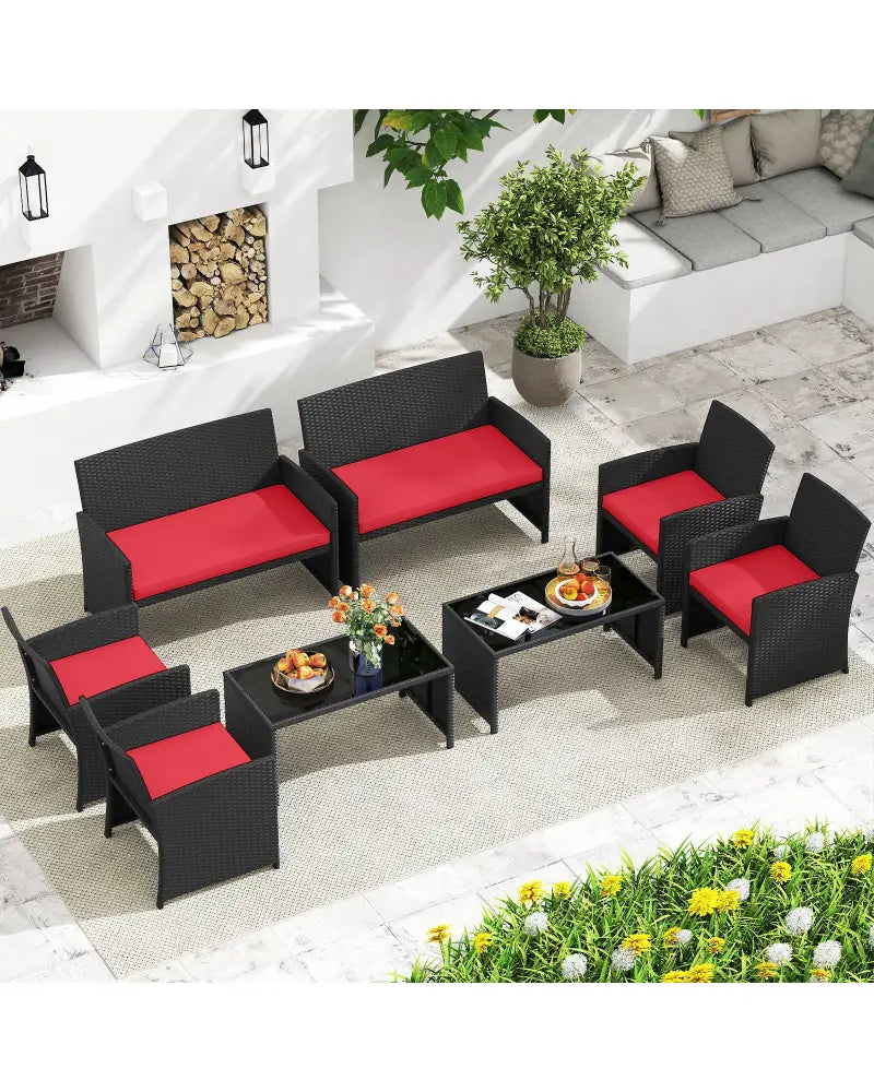 4 Pieces Patio Furniture Set with Tempered Glass Tabletop and Removable Cushion-Red - Red - Patio Conversation Sets