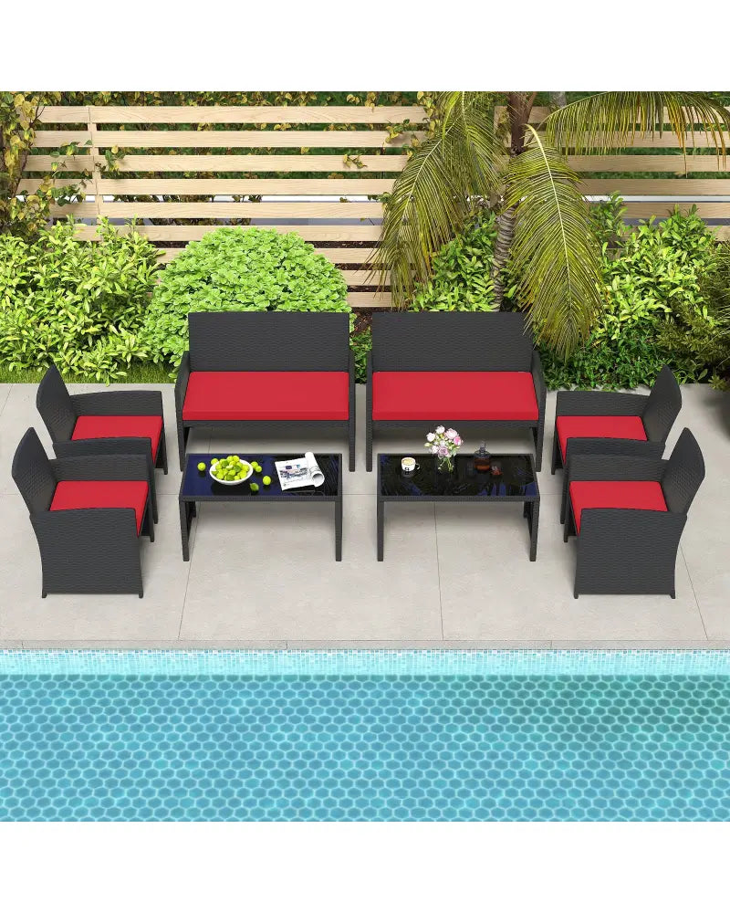 4 Pieces Patio Furniture Set with Tempered Glass Tabletop and Removable Cushion-Red - Red - Patio Conversation Sets