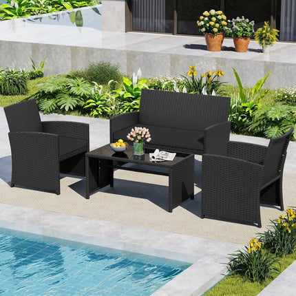 4 Pieces Patio Furniture Set with Tempered Glass Tabletop and Removable Cushion-Black - Black - Patio Conversation Sets