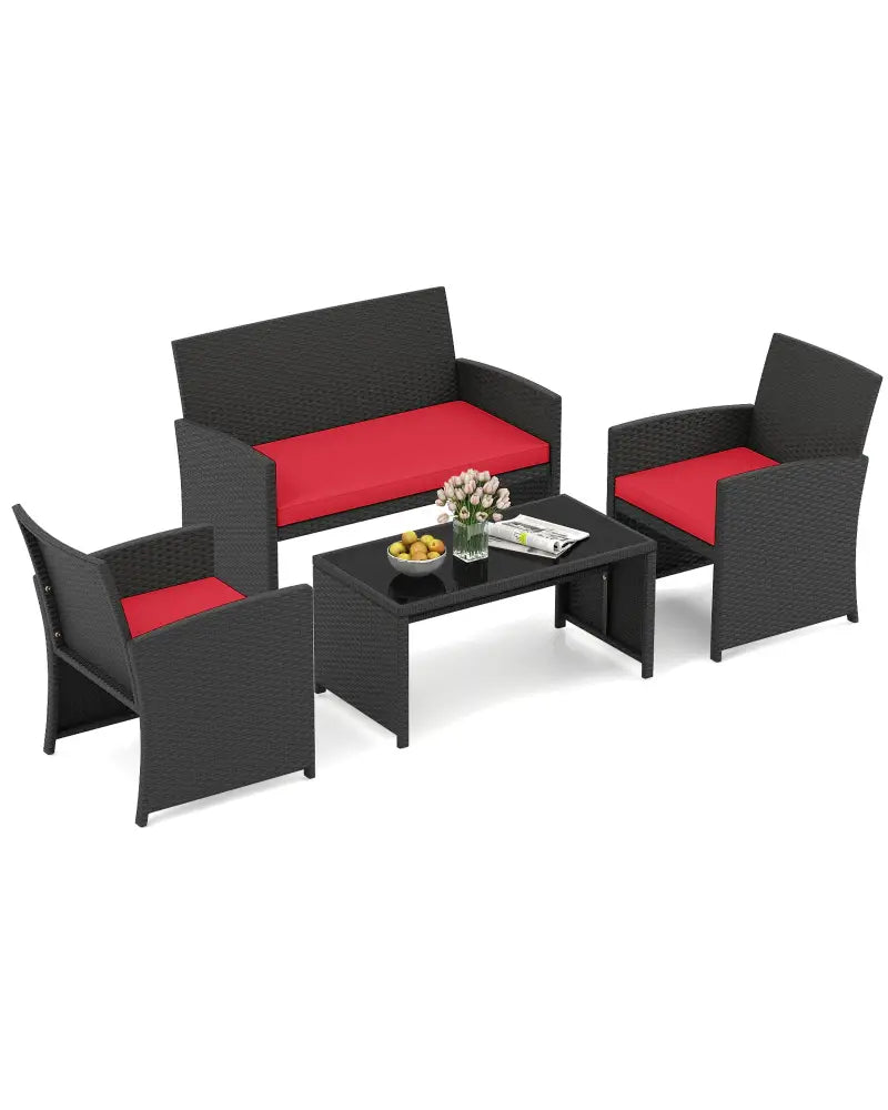 4 Pieces Patio Furniture Set with Tempered Glass Tabletop and Removable Cushion-Red - Red - Patio Conversation Sets