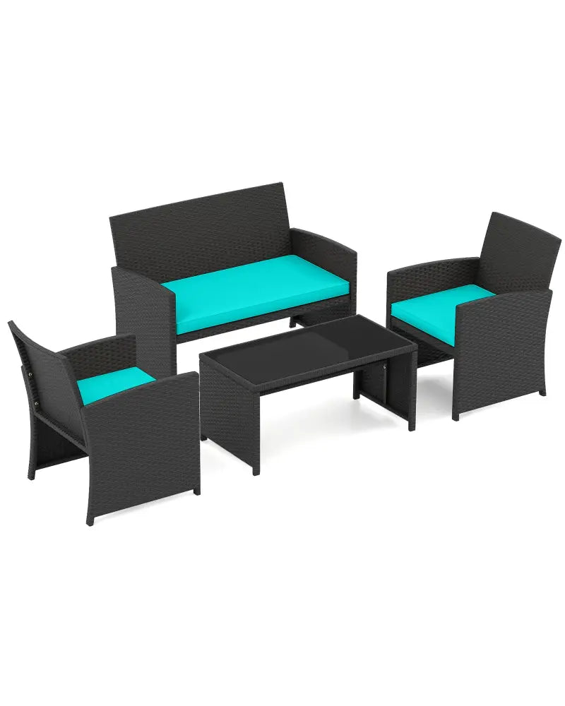 4 Pieces Patio Furniture Set with Tempered Glass Tabletop and Removable Cushion-Turquoise - Turquoise - Patio