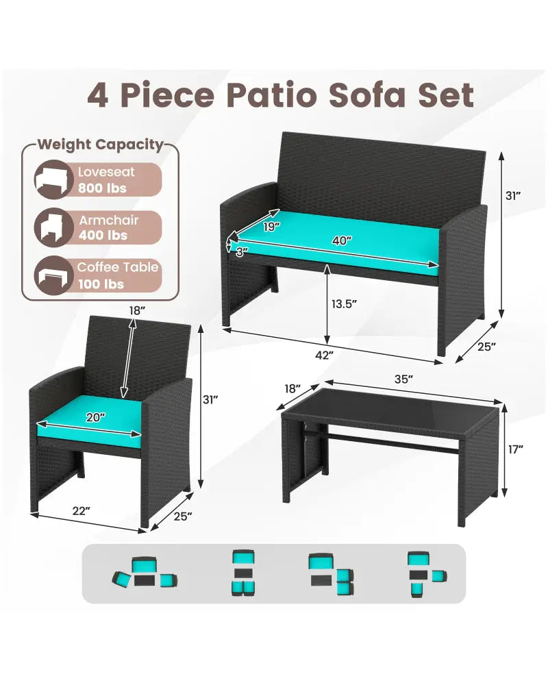 4 Pieces Patio Furniture Set with Tempered Glass Tabletop and Removable Cushion-Turquoise - Turquoise - Patio