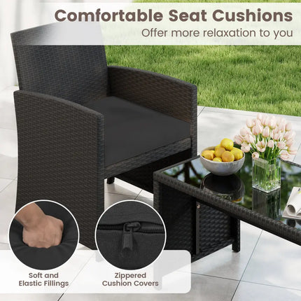 4 Pieces Patio Furniture Set with Tempered Glass Tabletop and Removable Cushion-Black - Black - Patio Conversation Sets