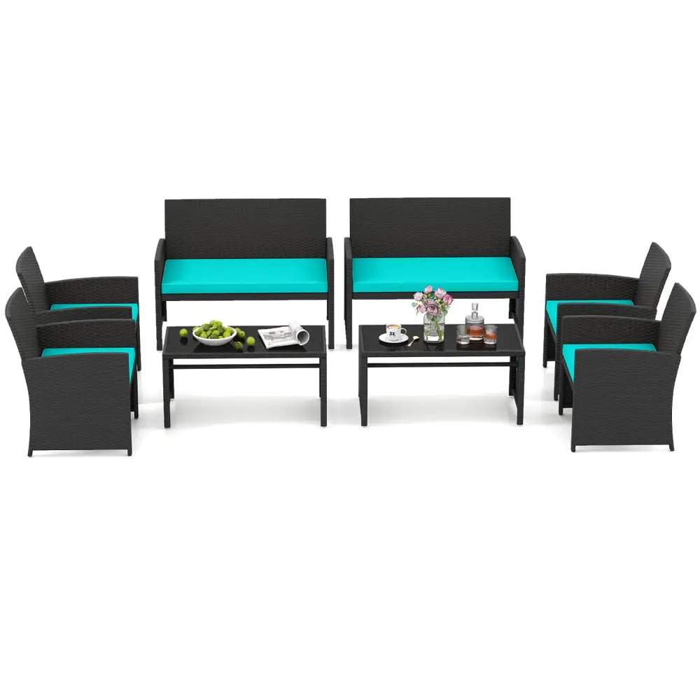 4 Pieces Patio Furniture Set with Tempered Glass Tabletop and Removable Cushion-Turquoise - Turquoise - Patio