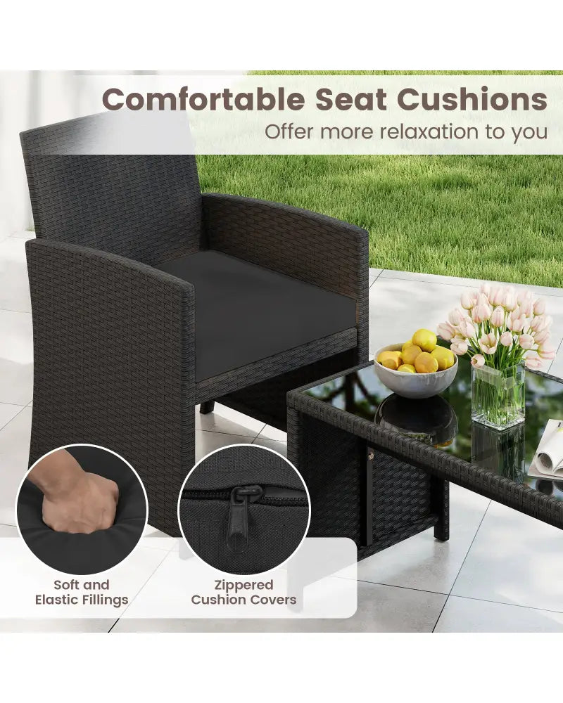 4 Pieces Patio Furniture Set with Tempered Glass Tabletop and Removable Cushion-Black - Black - Patio Conversation Sets