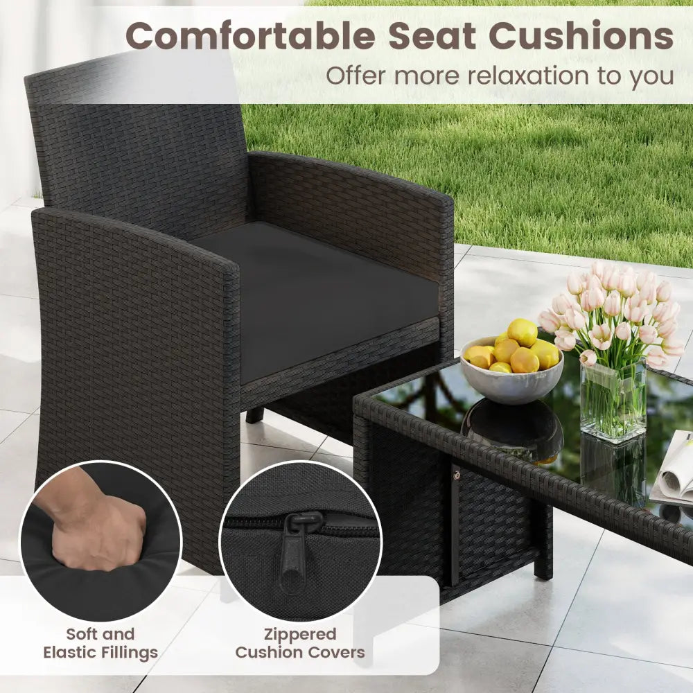 4 Pieces Patio Furniture Set with Tempered Glass Tabletop and Removable Cushion-Black - Black - Patio Conversation Sets