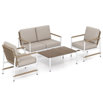 4 Pieces Patio Furniture Set with Thick Cushions and a Coffee Table-Gray - Gray - Patio Conversation Sets