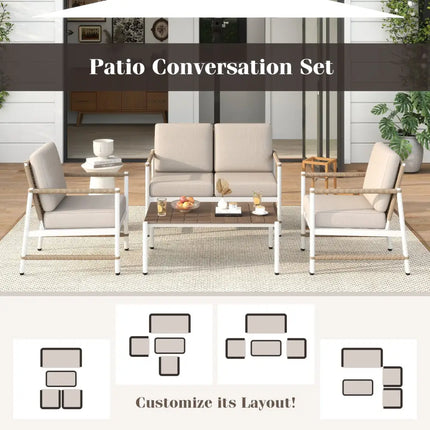4 Pieces Patio Furniture Set with Thick Cushions and a Coffee Table-Gray - Gray - Patio Conversation Sets