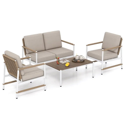 4 Pieces Patio Furniture Set with Thick Cushions and a Coffee Table-Gray - Gray - Patio Conversation Sets