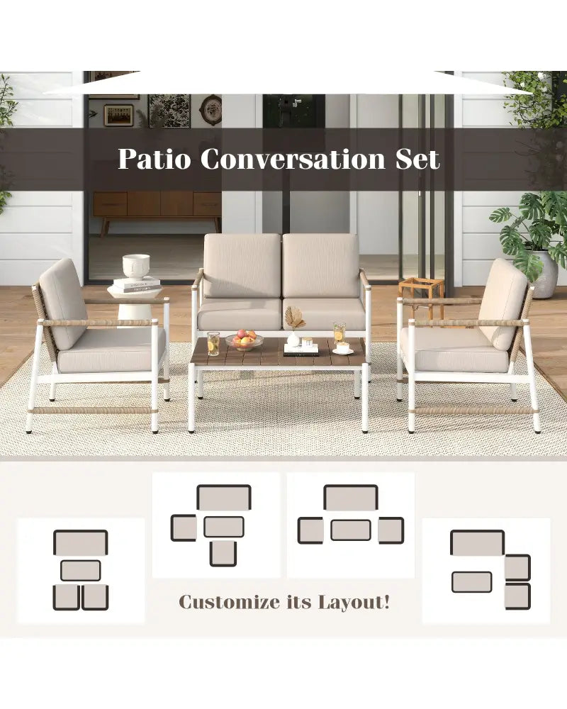 4 Pieces Patio Furniture Set with Thick Cushions and a Coffee Table-Gray - Gray - Patio Conversation Sets