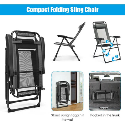 4 Pieces Patio Garden Adjustable Reclining Folding Chairs with Headrest-Gray - Gray - Patio Dining Chairs