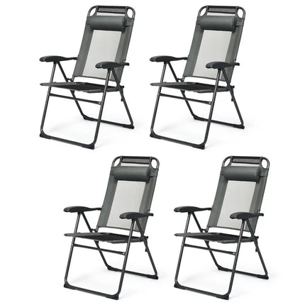 4 Pieces Patio Garden Adjustable Reclining Folding Chairs with Headrest-Gray - Gray - Patio Dining Chairs