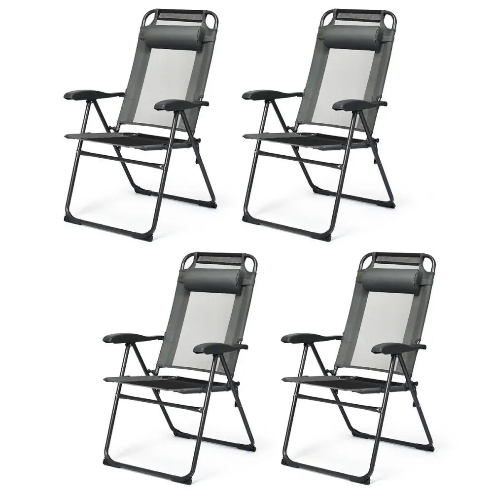 4 Pieces Patio Garden Adjustable Reclining Folding Chairs with Headrest-Gray - Gray - Patio Dining Chairs