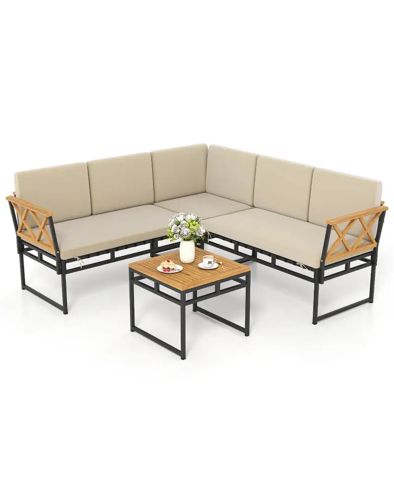 4 Pieces Patio L-Shaped Sofa Set with Cushions and Side Table-Brown - Brown - Patio Conversation Sets
