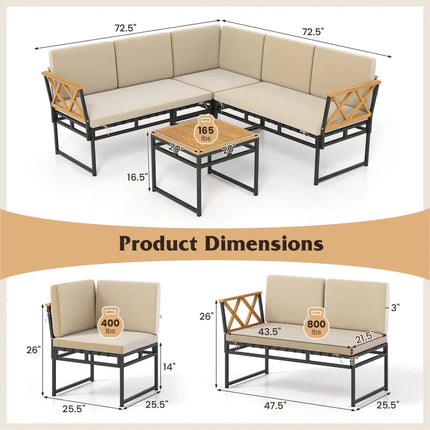 4 Pieces Patio L-Shaped Sofa Set with Cushions and Side Table-Brown - Brown - Patio Conversation Sets