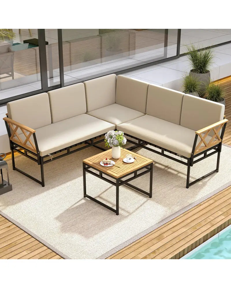 4 Pieces Patio L-Shaped Sofa Set with Cushions and Side Table-Brown - Brown - Patio Conversation Sets