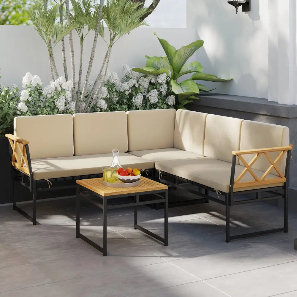 4 Pieces Patio L-Shaped Sofa Set with Cushions and Side Table-Brown - Brown - Patio Conversation Sets