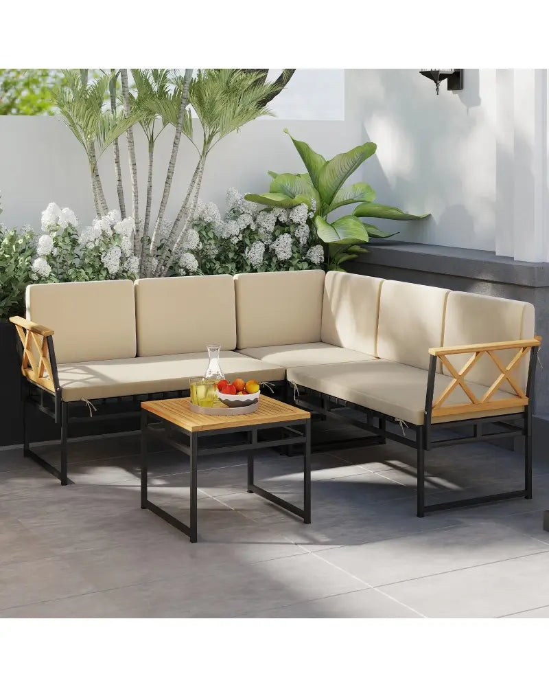 4 Pieces Patio L-Shaped Sofa Set with Cushions and Side Table-Brown - Brown - Patio Conversation Sets