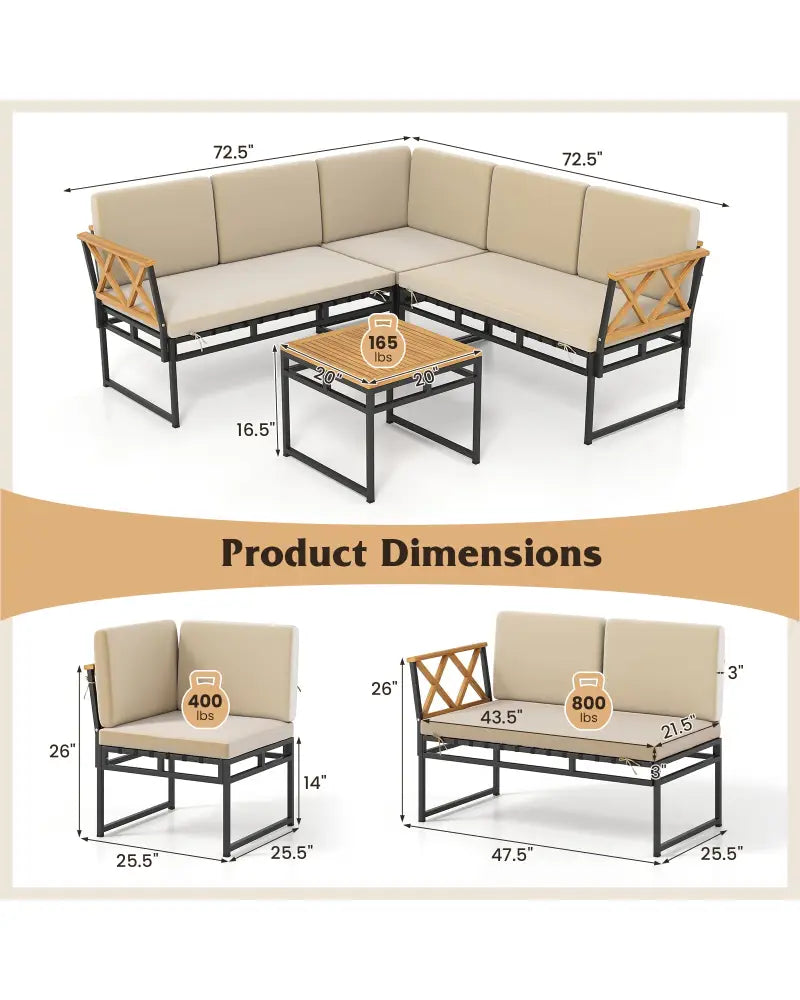4 Pieces Patio L-Shaped Sofa Set with Cushions and Side Table-Brown - Brown - Patio Conversation Sets
