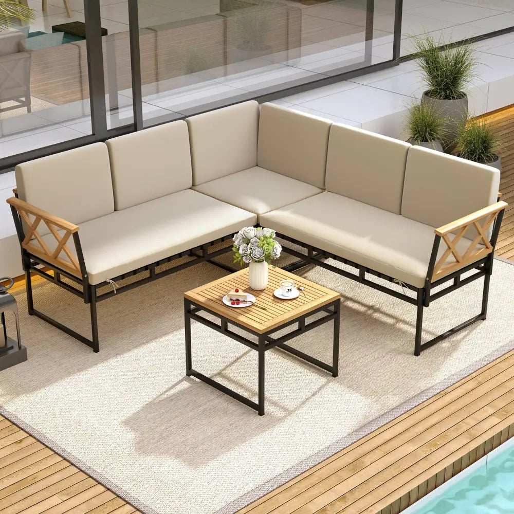 4 Pieces Patio L-Shaped Sofa Set with Cushions and Side Table-Brown - Brown - Patio Conversation Sets