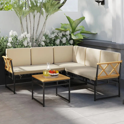 4 Pieces Patio L-Shaped Sofa Set with Cushions and Side Table-Brown - Brown - Patio Conversation Sets