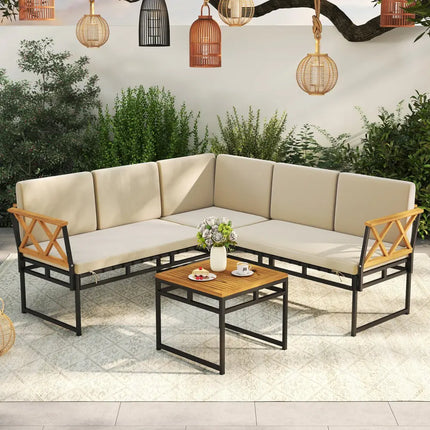4 Pieces Patio L-Shaped Sofa Set with Cushions and Side Table-Brown - Brown - Patio Conversation Sets