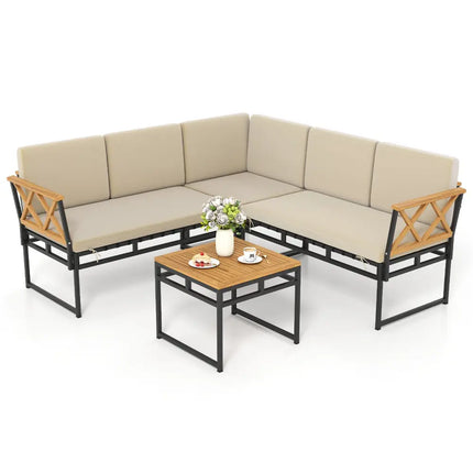 4 Pieces Patio L-Shaped Sofa Set with Cushions and Side Table-Brown - Brown - Patio Conversation Sets