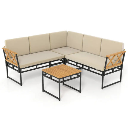 4 Pieces Patio L-Shaped Sofa Set with Cushions and Side Table-Brown - Brown - Patio Conversation Sets