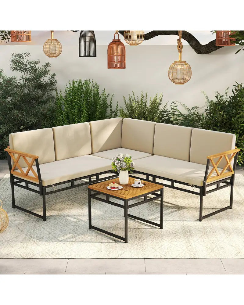 4 Pieces Patio L-Shaped Sofa Set with Cushions and Side Table-Brown - Brown - Patio Conversation Sets