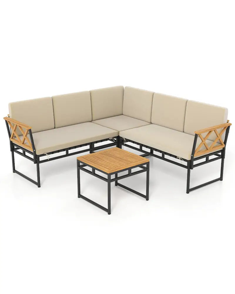 4 Pieces Patio L-Shaped Sofa Set with Cushions and Side Table-Brown - Brown - Patio Conversation Sets