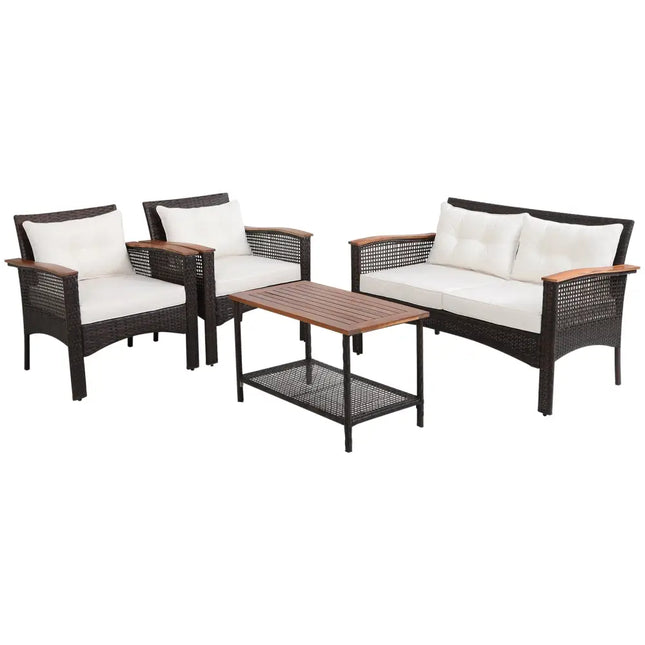 4 Pieces Patio Rattan Acacia Wood Furniture Set with Cushions and Armrest - Espresso - Patio Conversation Sets