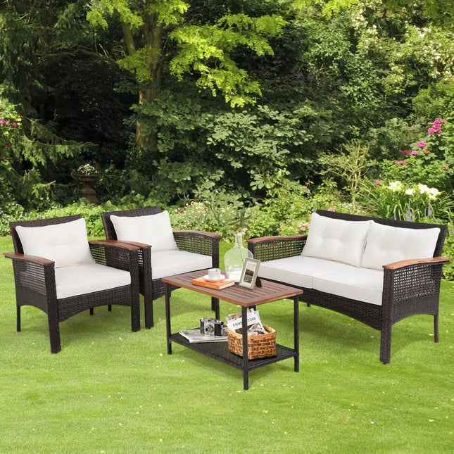 4 Pieces Patio Rattan Acacia Wood Furniture Set with Cushions and Armrest - Espresso - Patio Conversation Sets