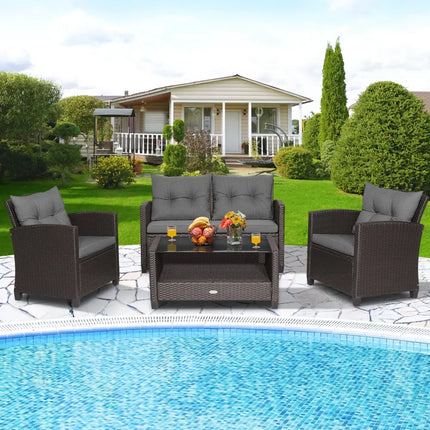 4 Pieces Patio Rattan Conversation Furniture Set with Glass Top Coffee Table-Gray - Gray - Patio Conversation Sets